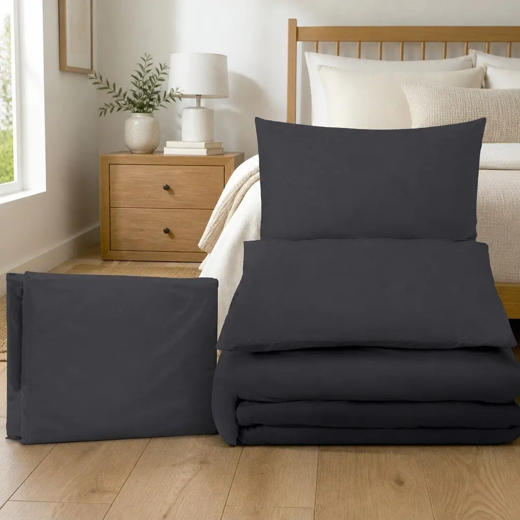 Quilt Cover Set Super King Black Microfibre 3 Piece Duvet Bedding