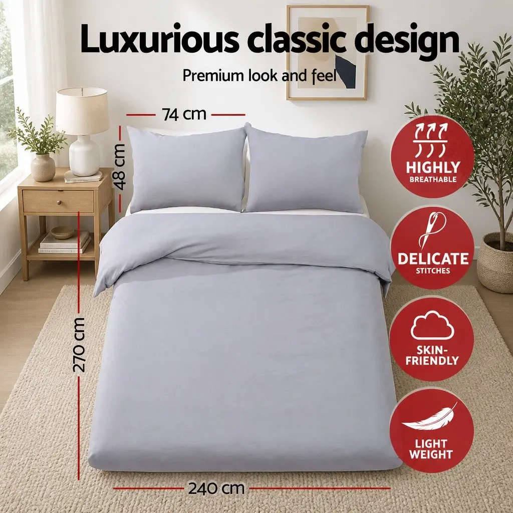 Super King Quilt Cover Set Grey Microfibre Duvet Bedding 3 Piece