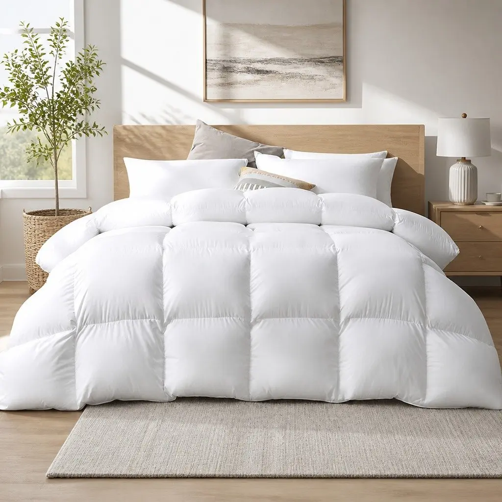 Duck Down Feather Quilt Super King 700GSM White Cotton Cover Baffle Construction