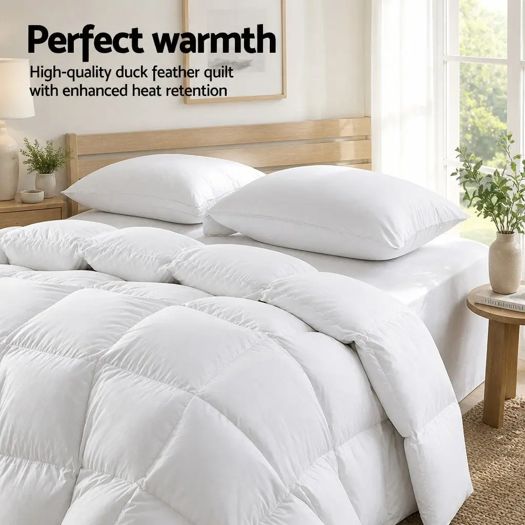 Duck Down Feather Quilt Super King 700GSM White Cotton Cover Baffle Construction