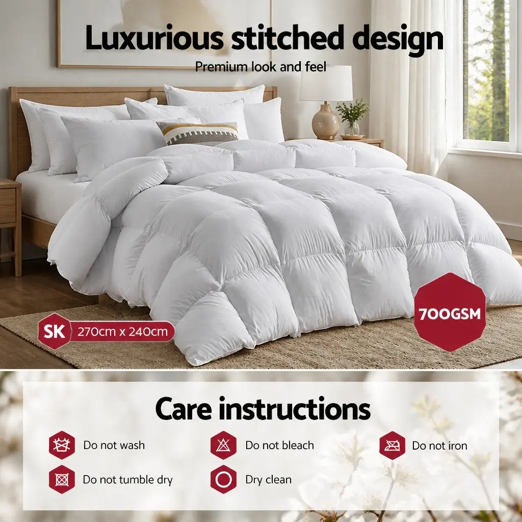 Duck Down Feather Quilt Super King 700GSM White Cotton Cover Baffle Construction