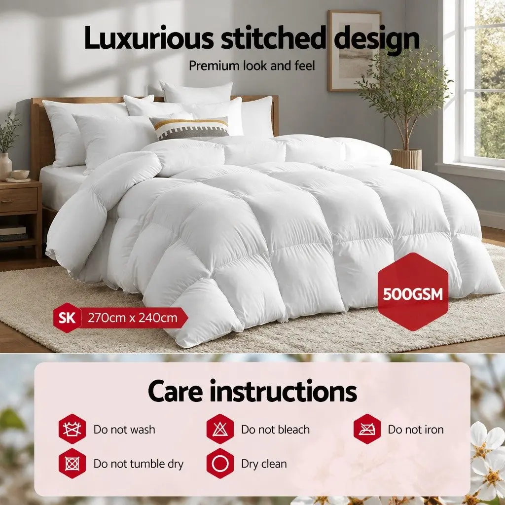 Duck Feather Down Quilt Winter Warmth Super King White 500GSM