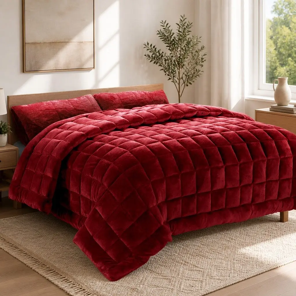 King Size Burgundy Faux Mink Quilt for Comfort