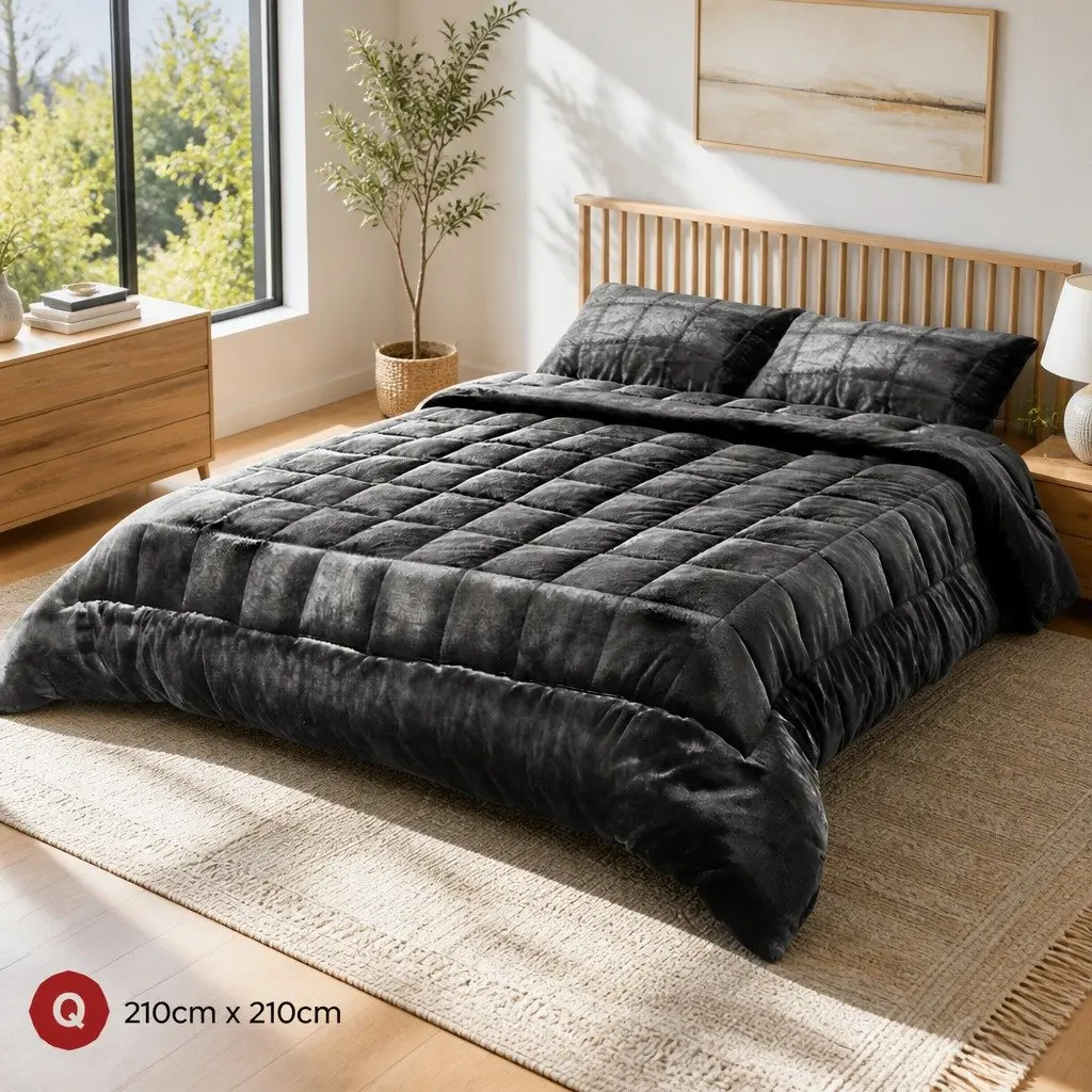 Queen Size Faux Mink Quilt Charcoal Double-Sided Bedding Set