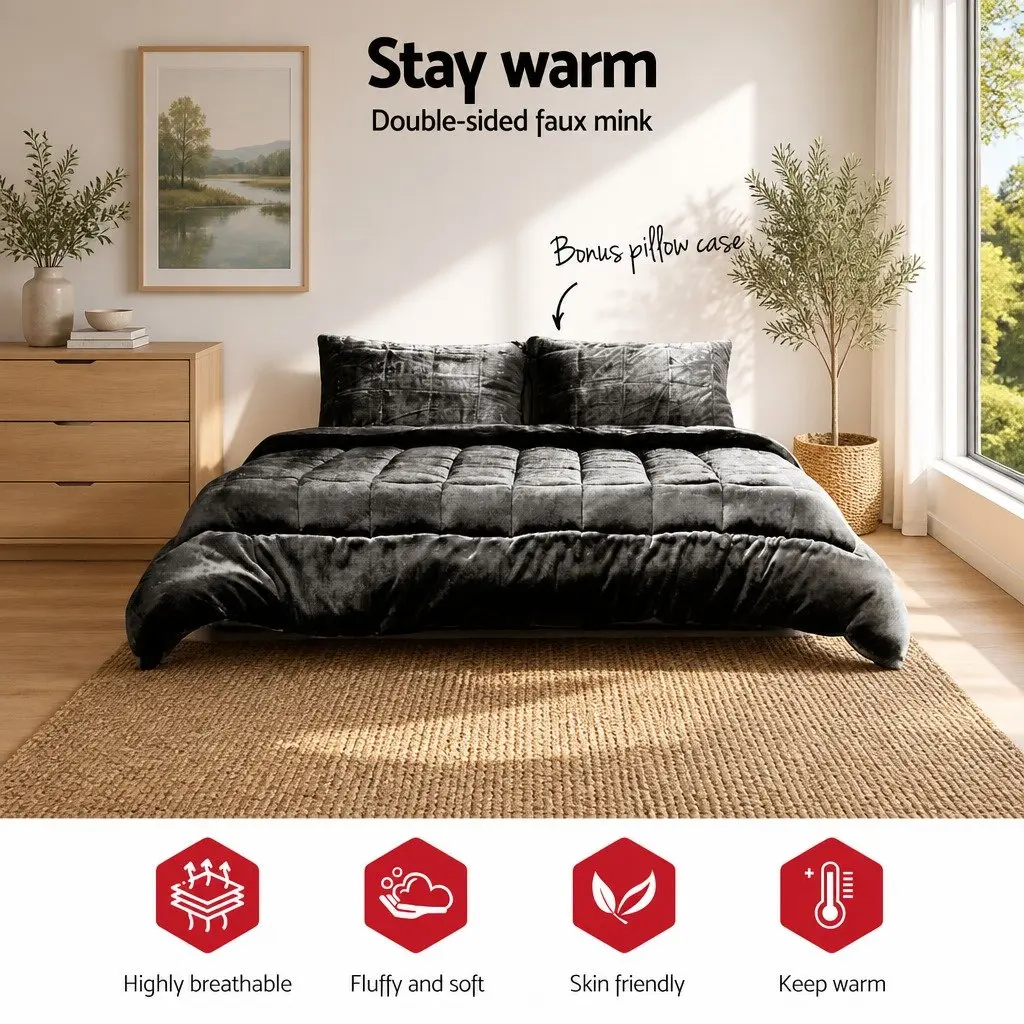 Queen Size Faux Mink Quilt Charcoal Double-Sided Bedding Set