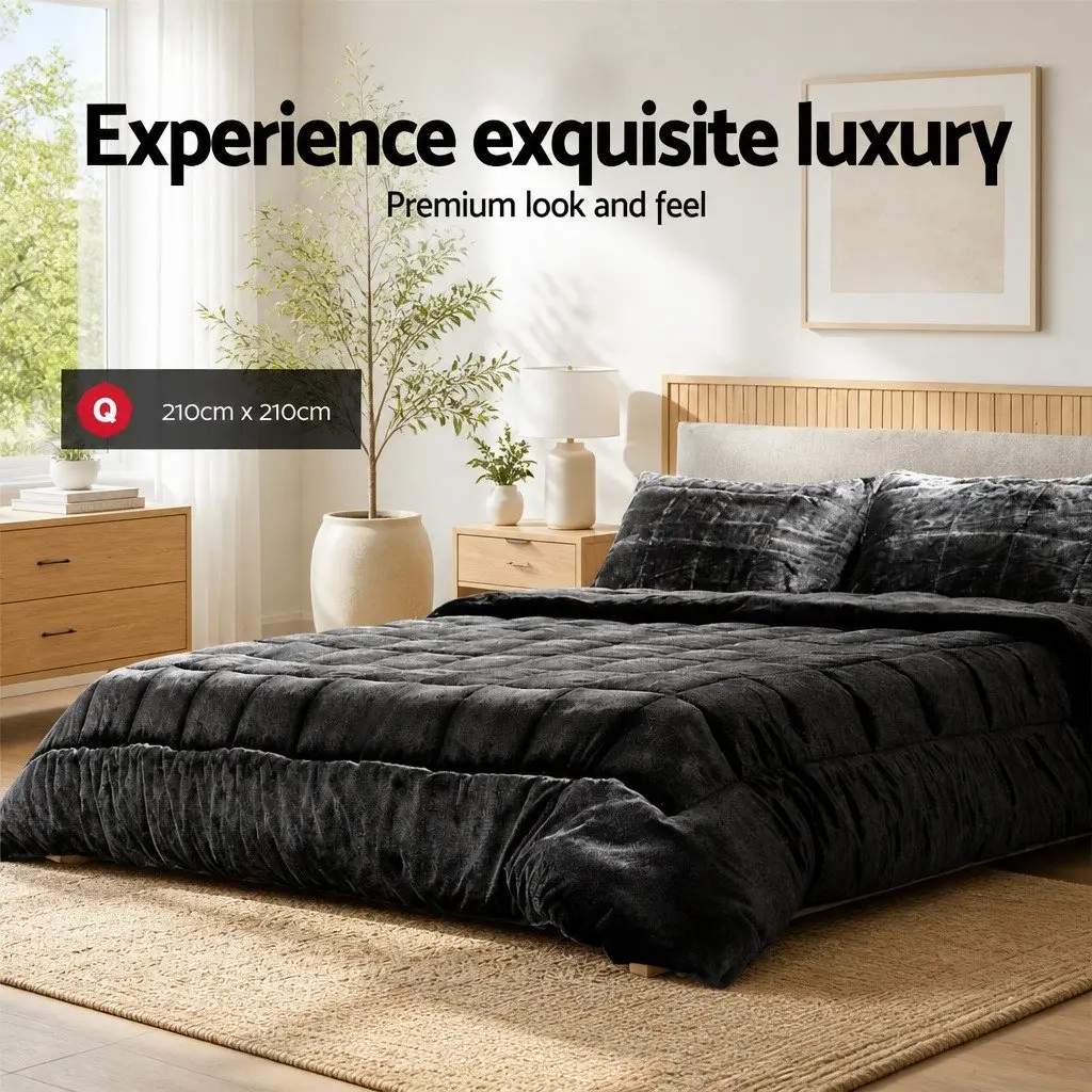Queen Size Faux Mink Quilt Charcoal Double-Sided Bedding Set