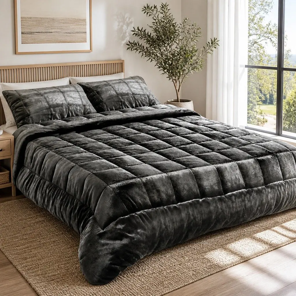 Queen Size Faux Mink Quilt Charcoal Double-Sided Bedding Set