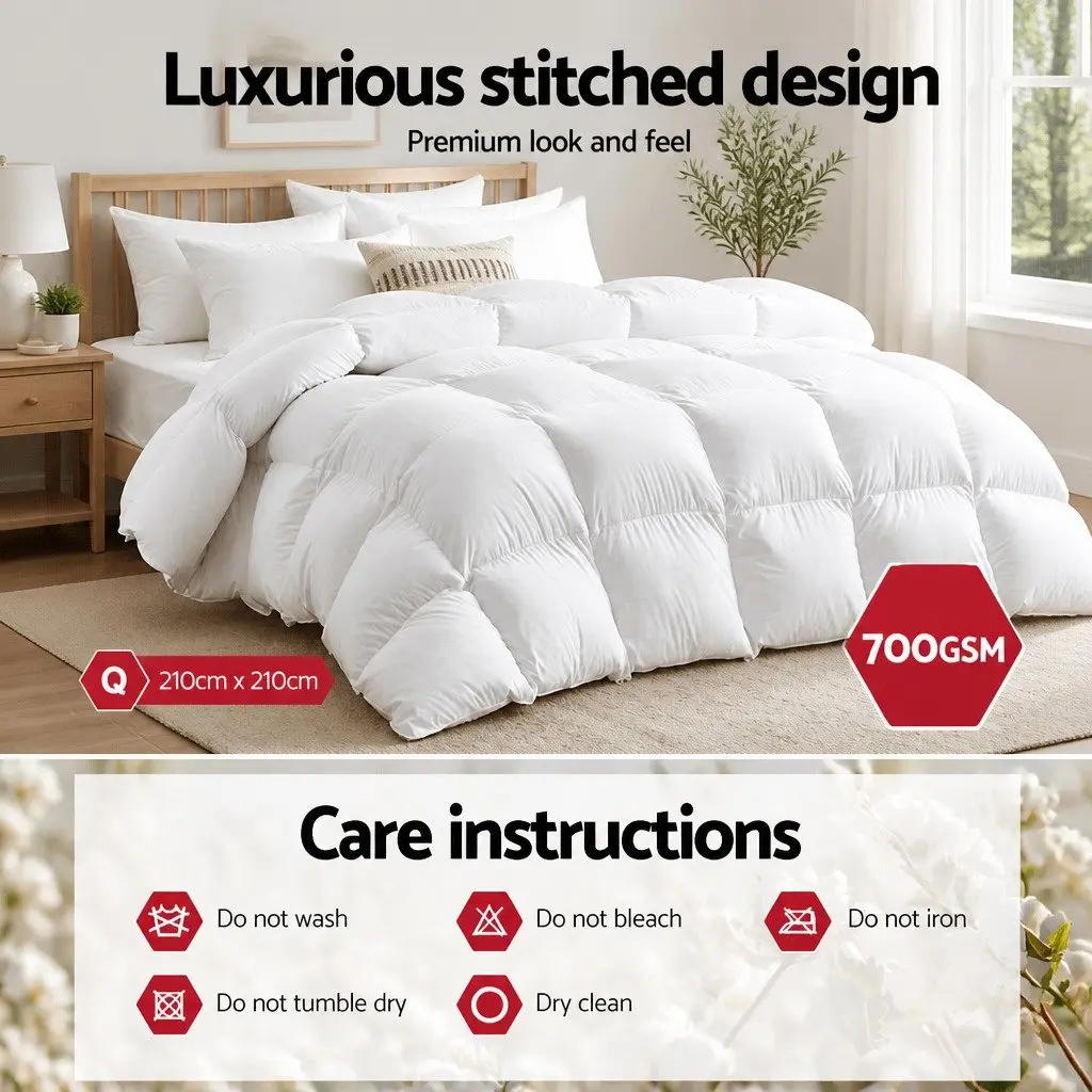 Queen Size Goose Down Feather Quilt 700GSM Baffle Box White Cotton Bedding