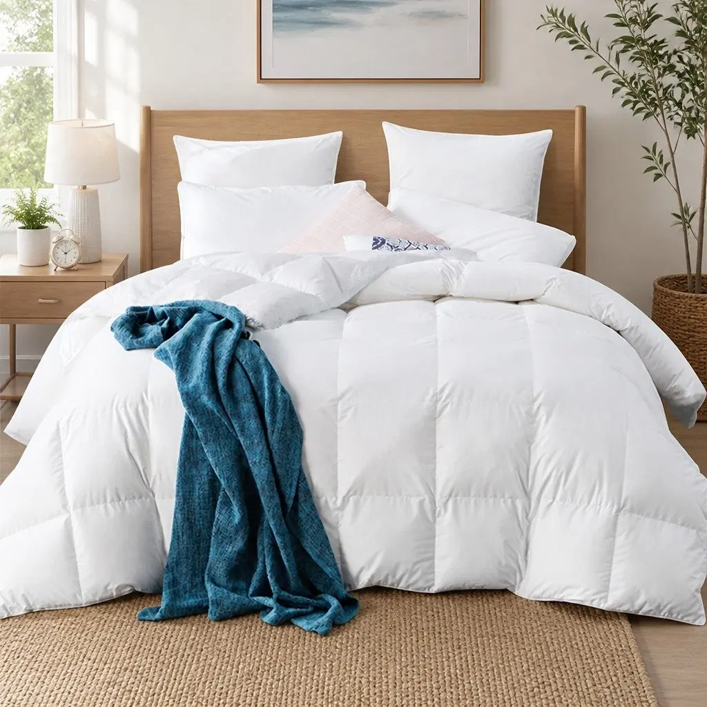 Queen Size Goose Down Feather Quilt 700GSM Baffle Box White Cotton Bedding