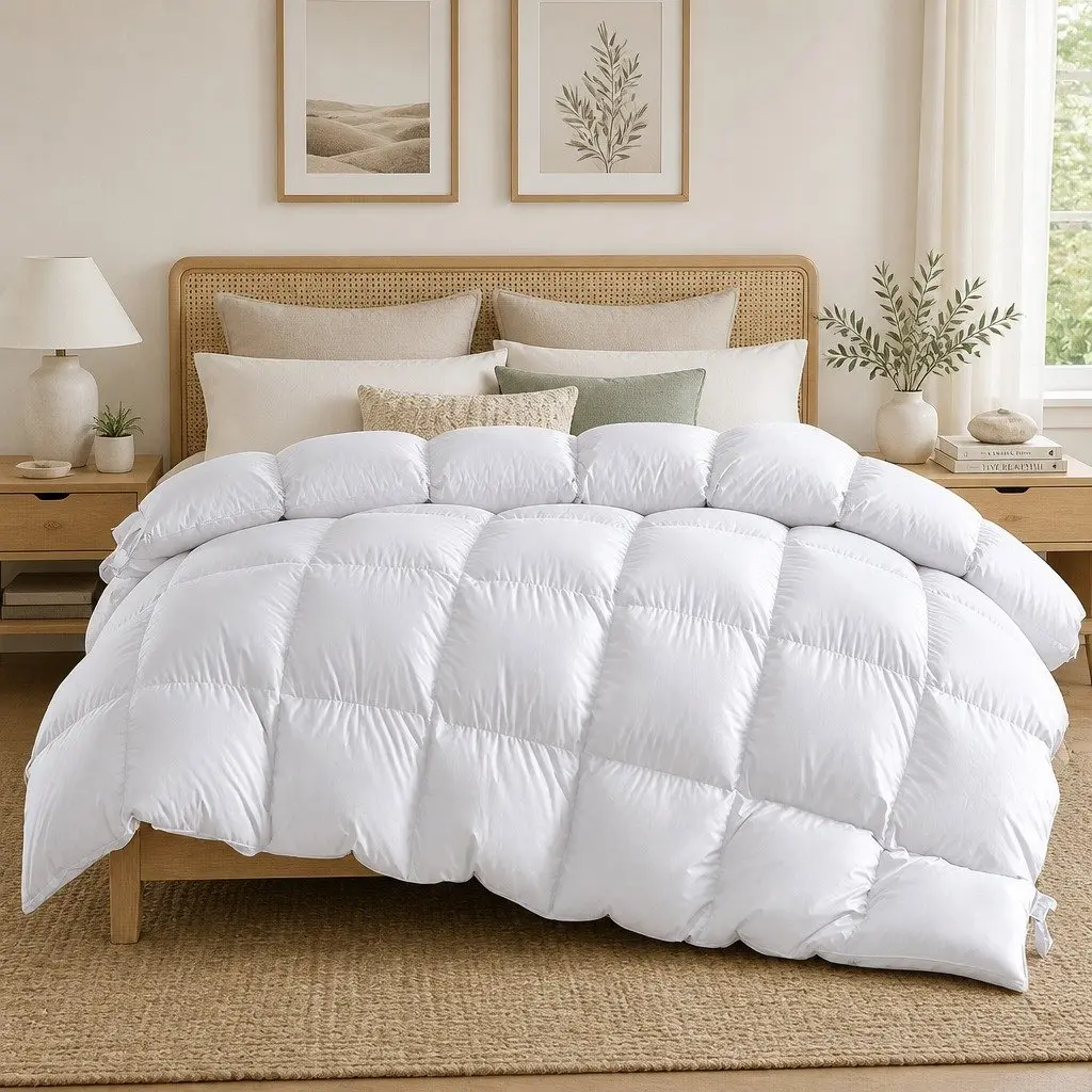 Single Goose Down Feather Quilt Warm Bedding 700GSM Baffle Construction White
