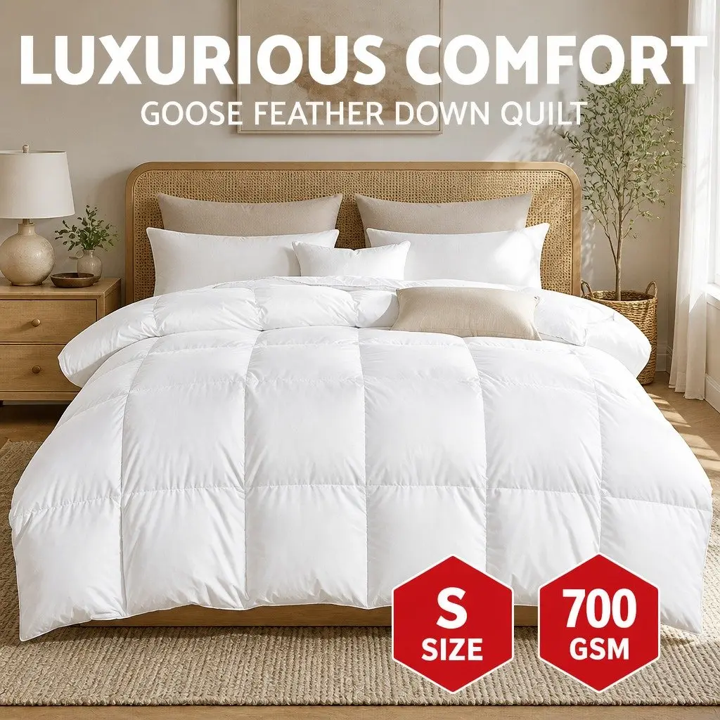 Single Goose Down Feather Quilt Warm Bedding 700GSM Baffle Construction White
