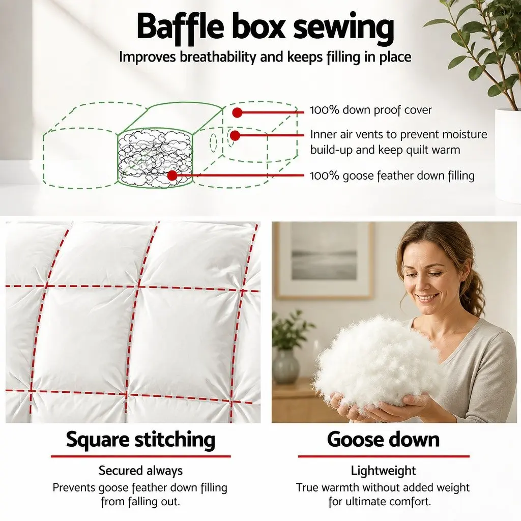 Single Goose Down Feather Quilt Warm Bedding 700GSM Baffle Construction White