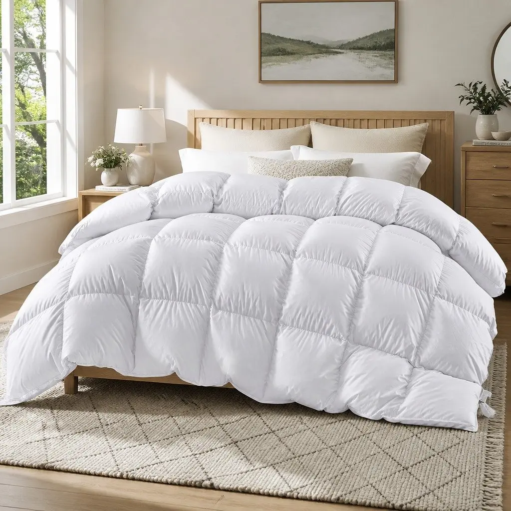 Goose Down Feather Quilt Super King 700GSM Lightweight White Baffle Box Construction