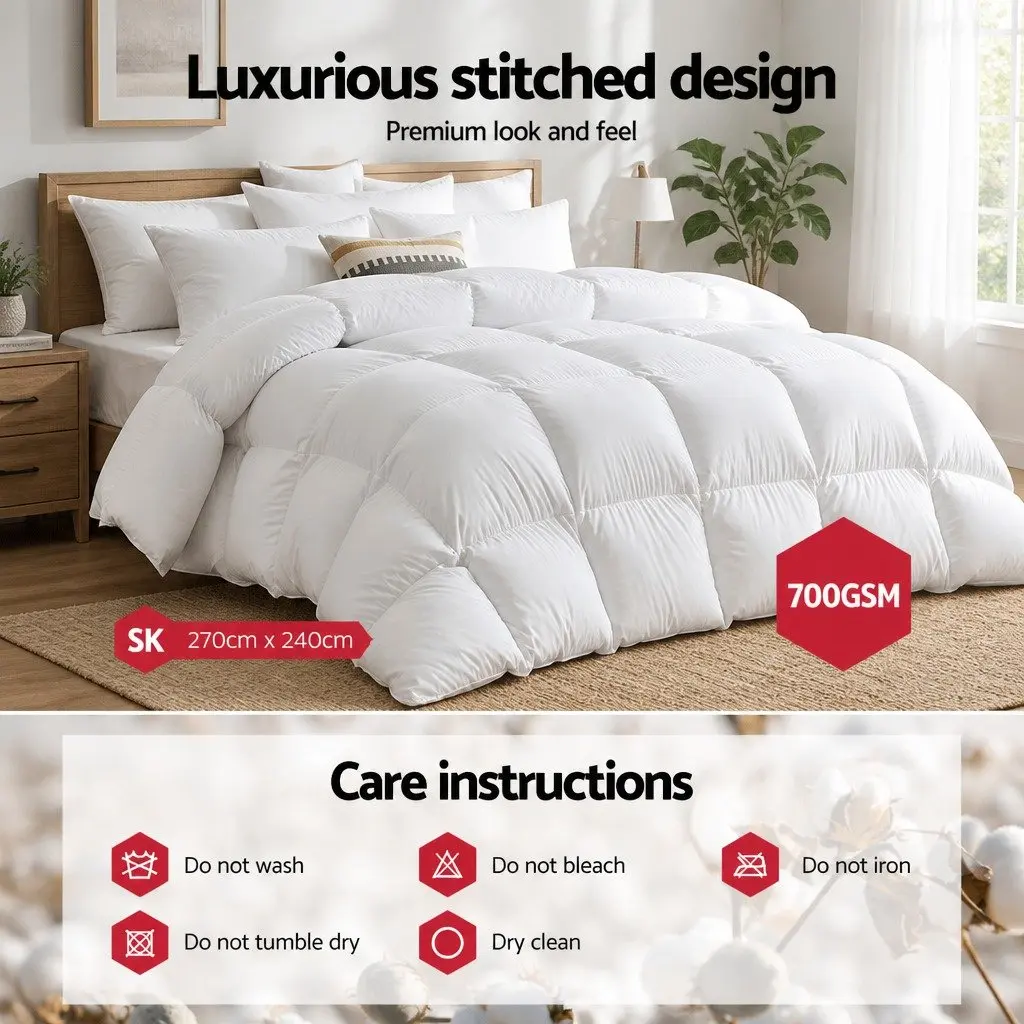 Goose Down Feather Quilt Super King 700GSM Lightweight White Baffle Box Construction