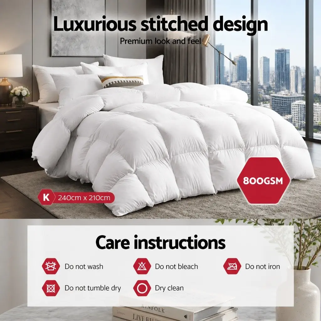 King Size Goose Down Feather Quilt Winter Weight 800GSM White