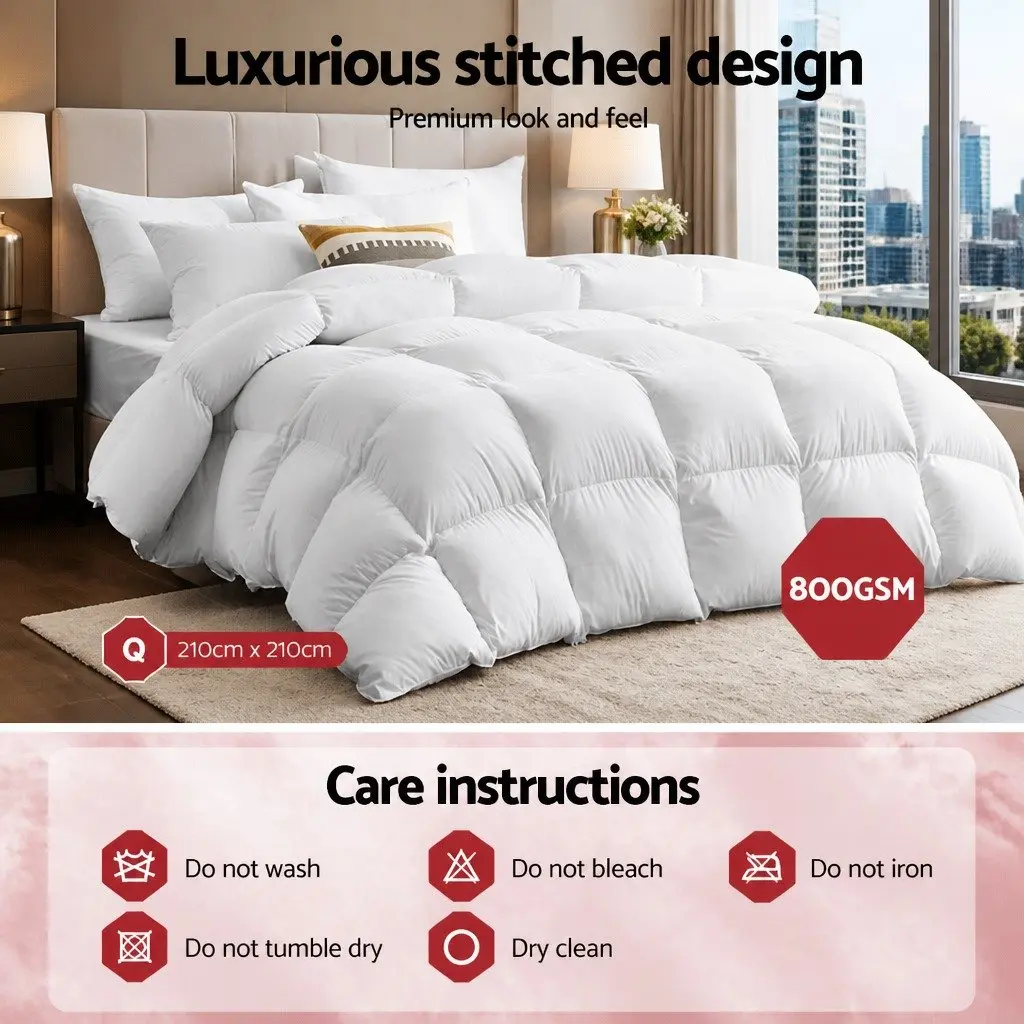Goose Down Feather Quilt Winter Weight Queen Size White 800GSM Luxury Bedding