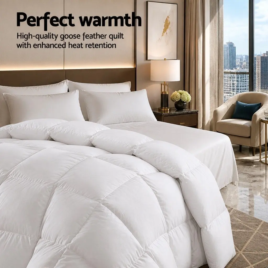 Super King Goose Down Feather Quilt Winter Weight 800GSM White Cotton Baffle Box Construction