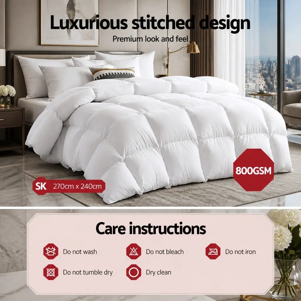 Super King Goose Down Feather Quilt Winter Weight 800GSM White Cotton Baffle Box Construction