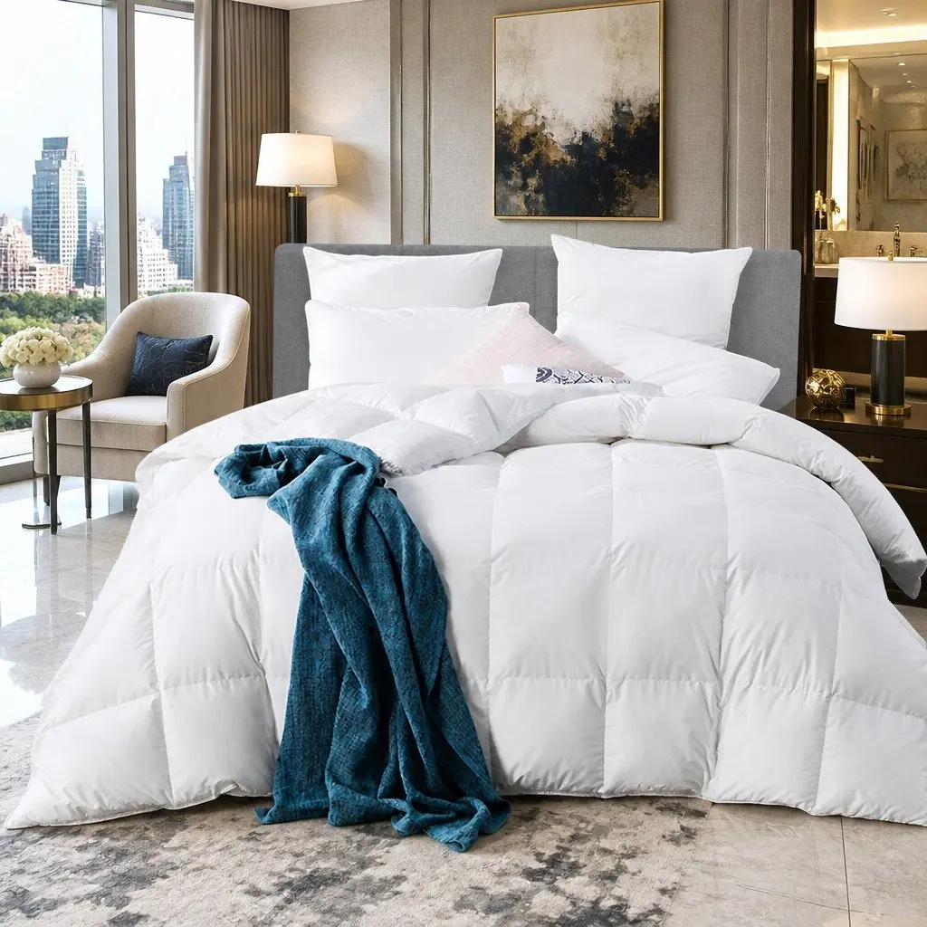 Super King Goose Down Feather Quilt Winter Weight 800GSM White Cotton Baffle Box Construction