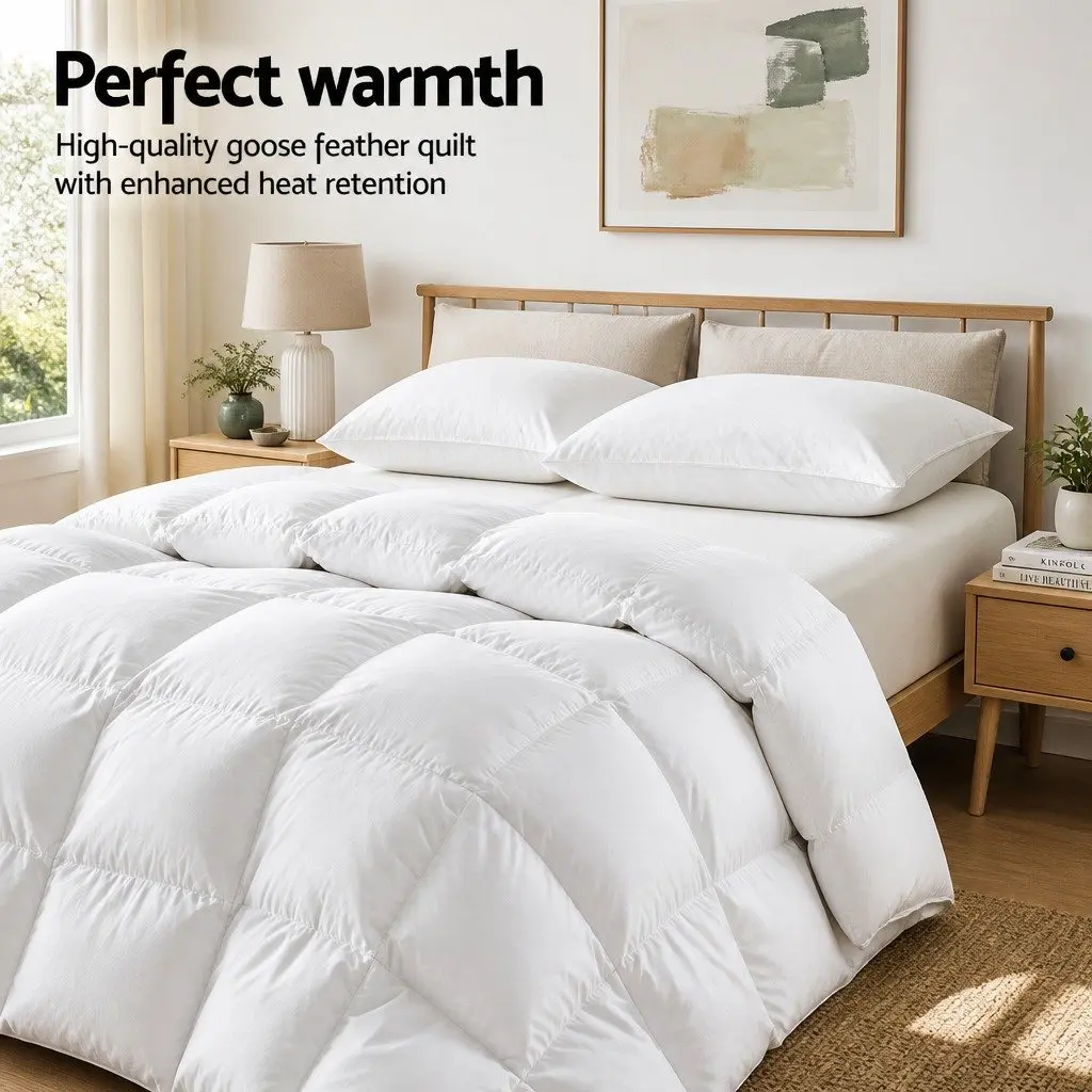 Queen Goose Feather Down Quilt Winter Bedding 500GSM White Baffle Box 210 x 210cm
