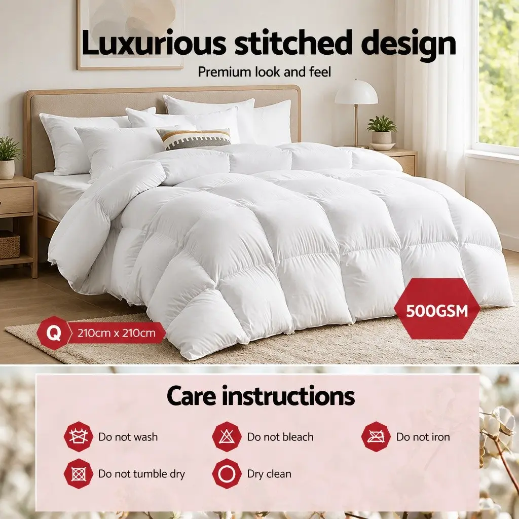 Queen Goose Feather Down Quilt Winter Bedding 500GSM White Baffle Box 210 x 210cm