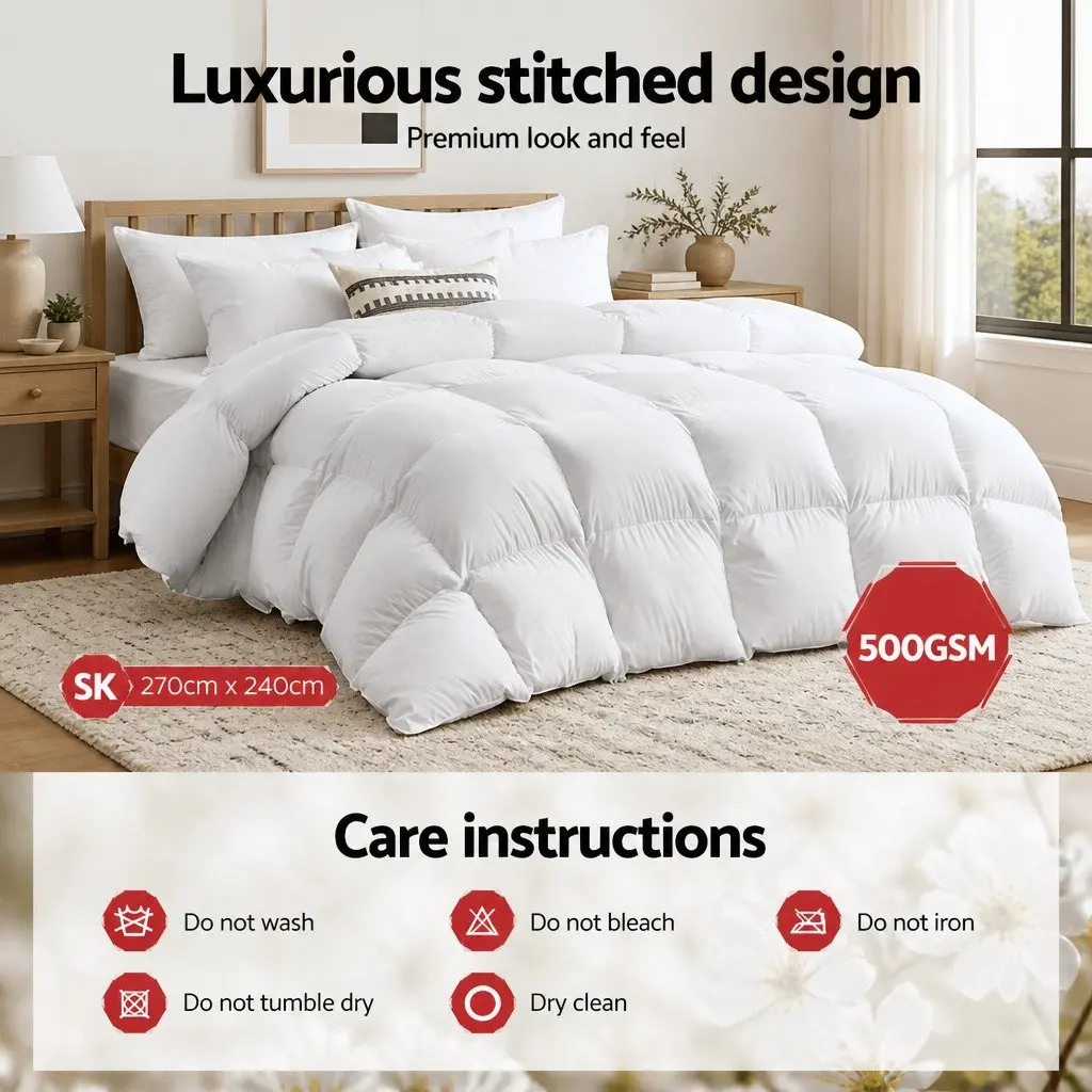 Goose Down Feather Quilt Winter Warmth Super King 500GSM White Baffle Box Construction