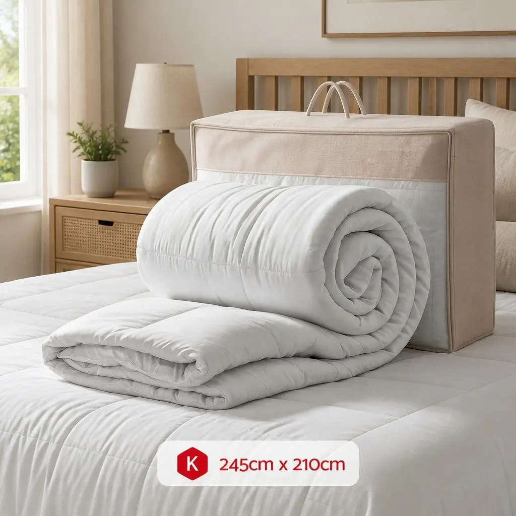 Wool Quilt Winter Doona King Size 500GSM White Cotton Cover Baffle Box Construction