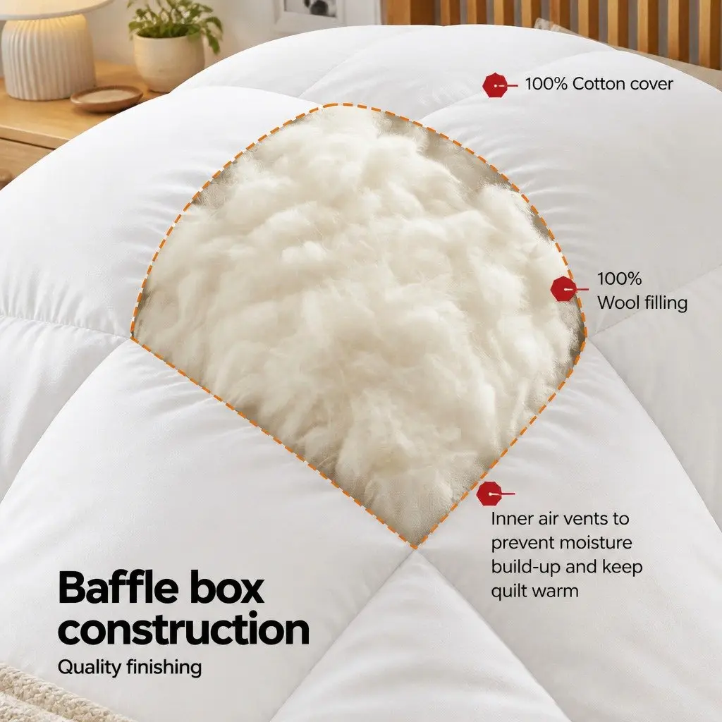 Wool Quilt Winter Super King 800GSM White Baffle Box Construction Bed Bedding