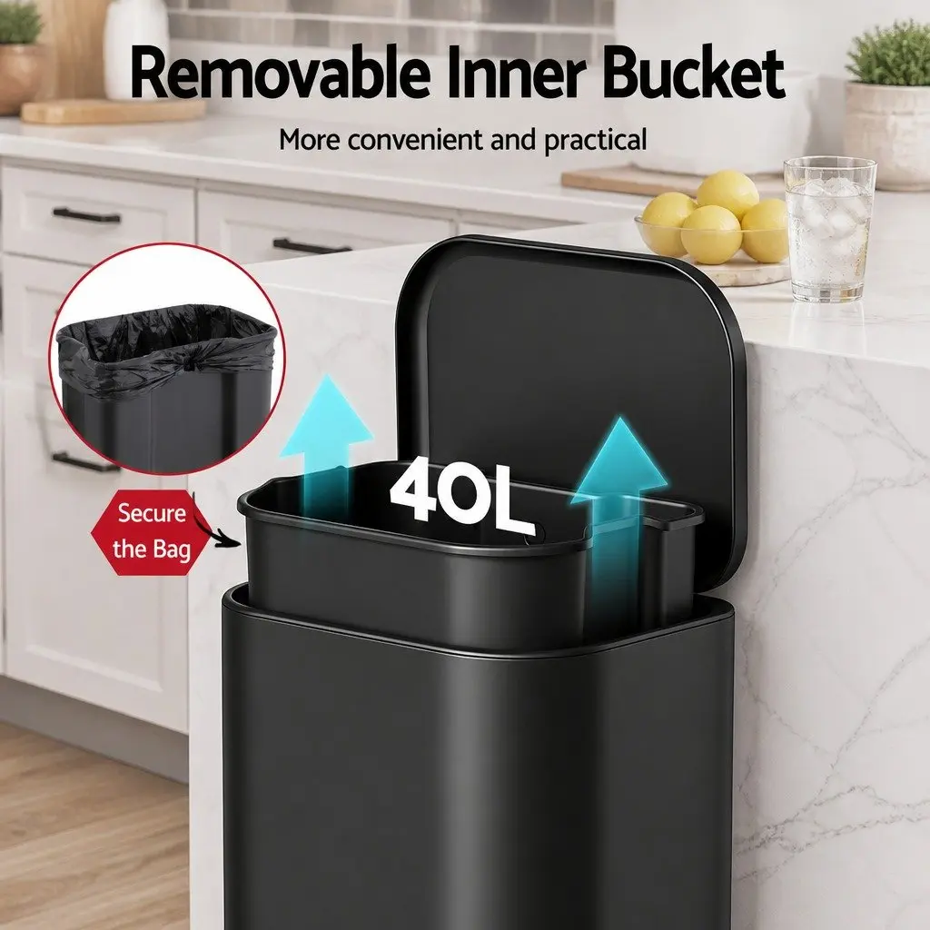 Pedal Kitchen Trash Can 40L Rectangular Steel Black