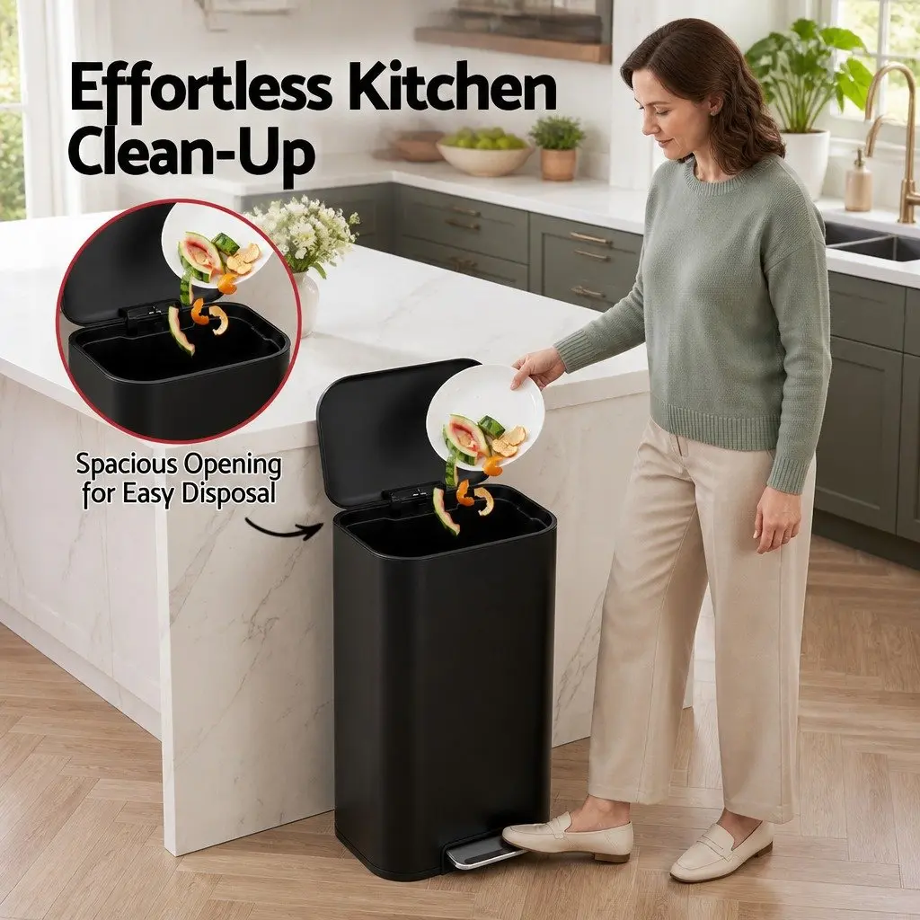 Pedal Kitchen Trash Can 40L Rectangular Steel Black