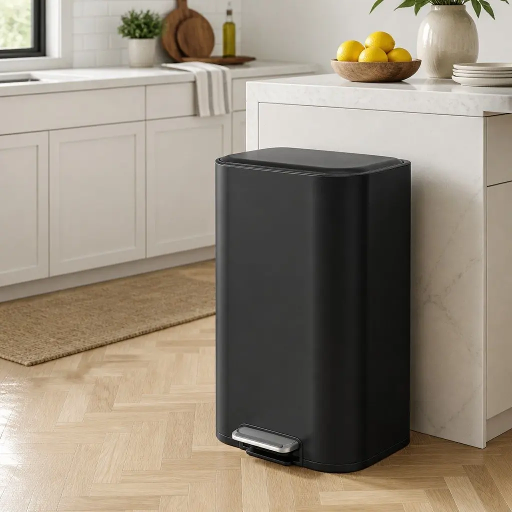 Pedal Kitchen Trash Can 40L Rectangular Steel Black