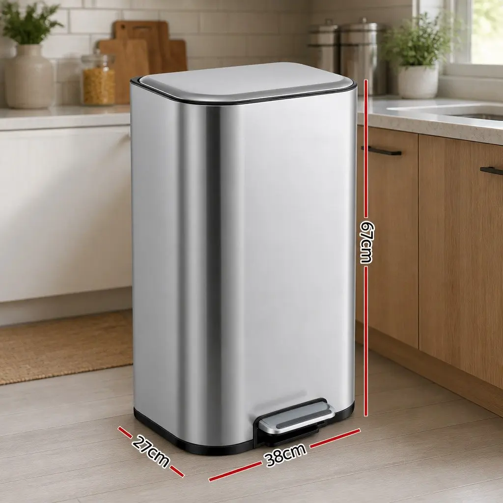 Pedal Bin 40L Steel Kitchen Trash Can Soft Close Lid Removable Bucket Garbage