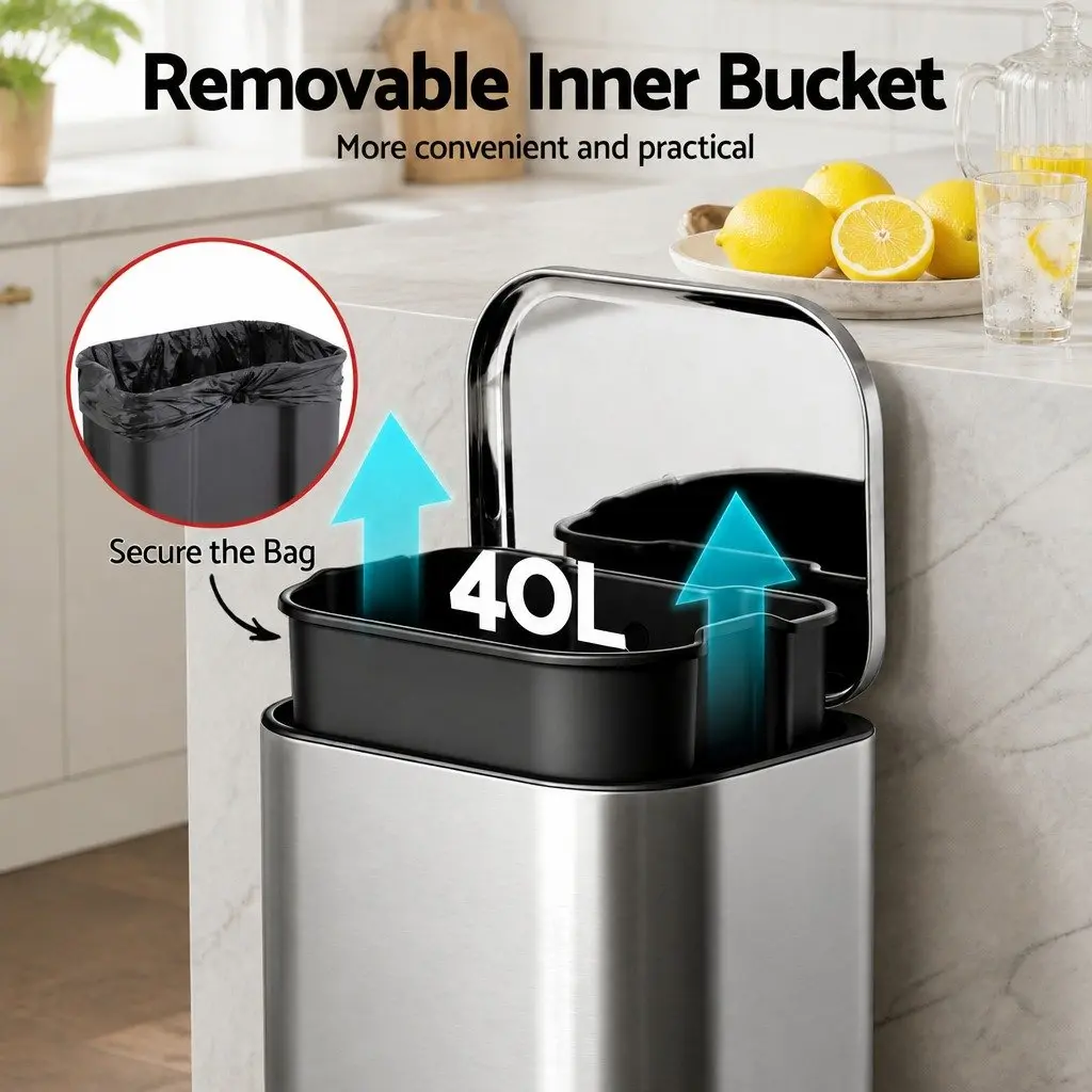 Pedal Bin 40L Steel Kitchen Trash Can Soft Close Lid Removable Bucket Garbage