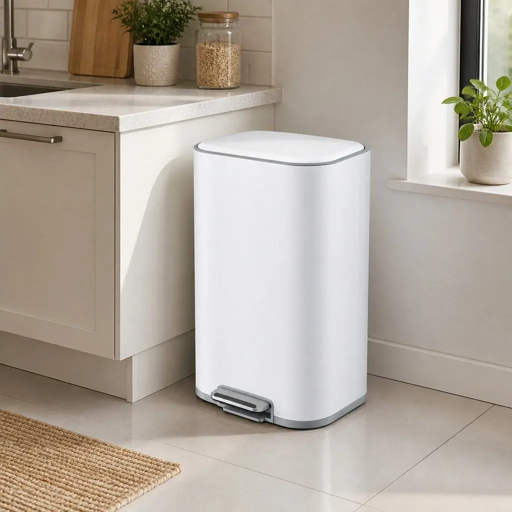 Pedal Bin 40L Kitchen Trash Can Soft Close Lid Rectangular White Steel