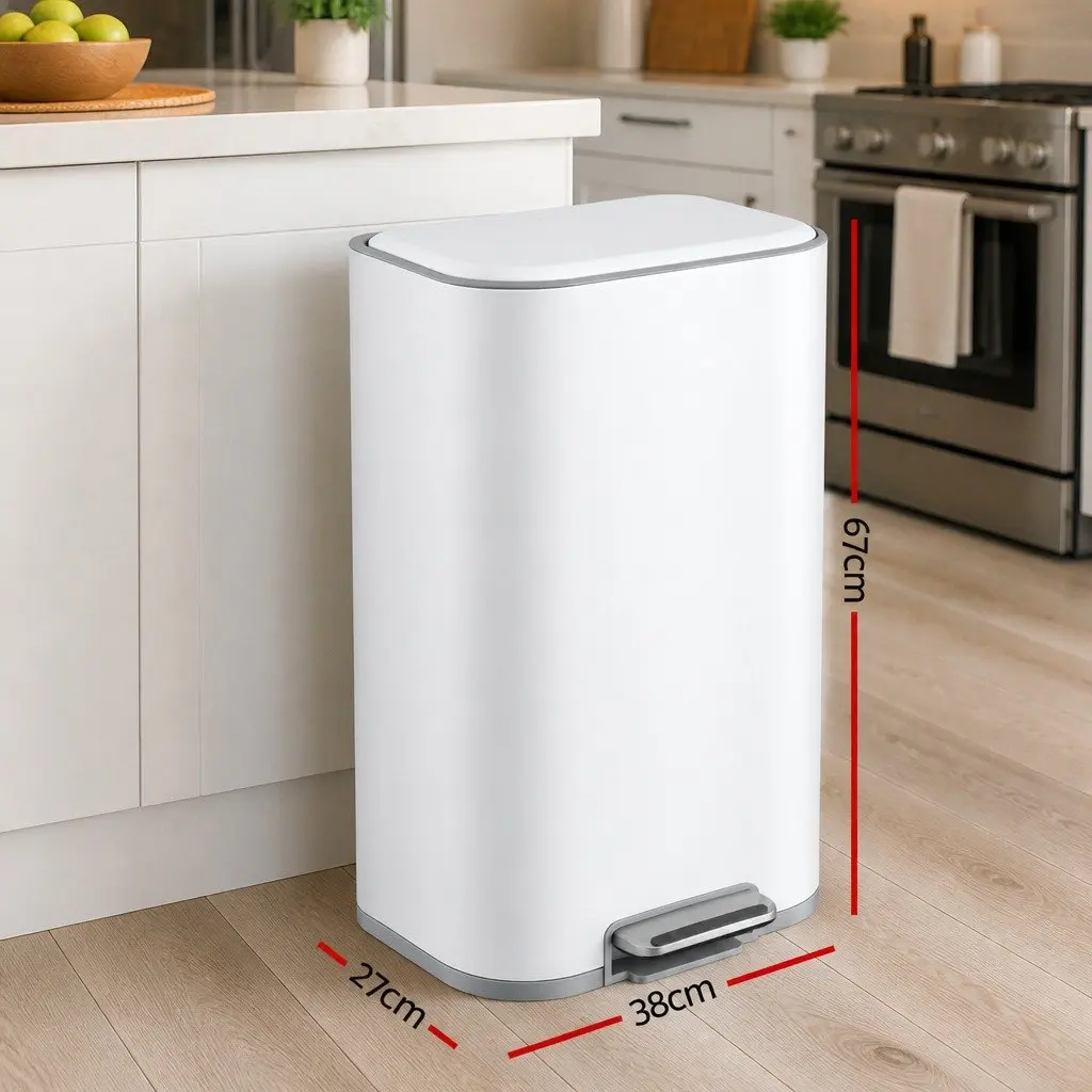 Pedal Bin 40L Kitchen Trash Can Soft Close Lid Rectangular White Steel