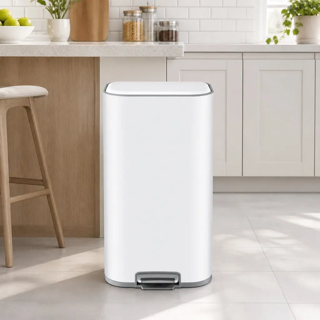 Pedal Bin 40L Kitchen Trash Can Soft Close Lid Rectangular White Steel