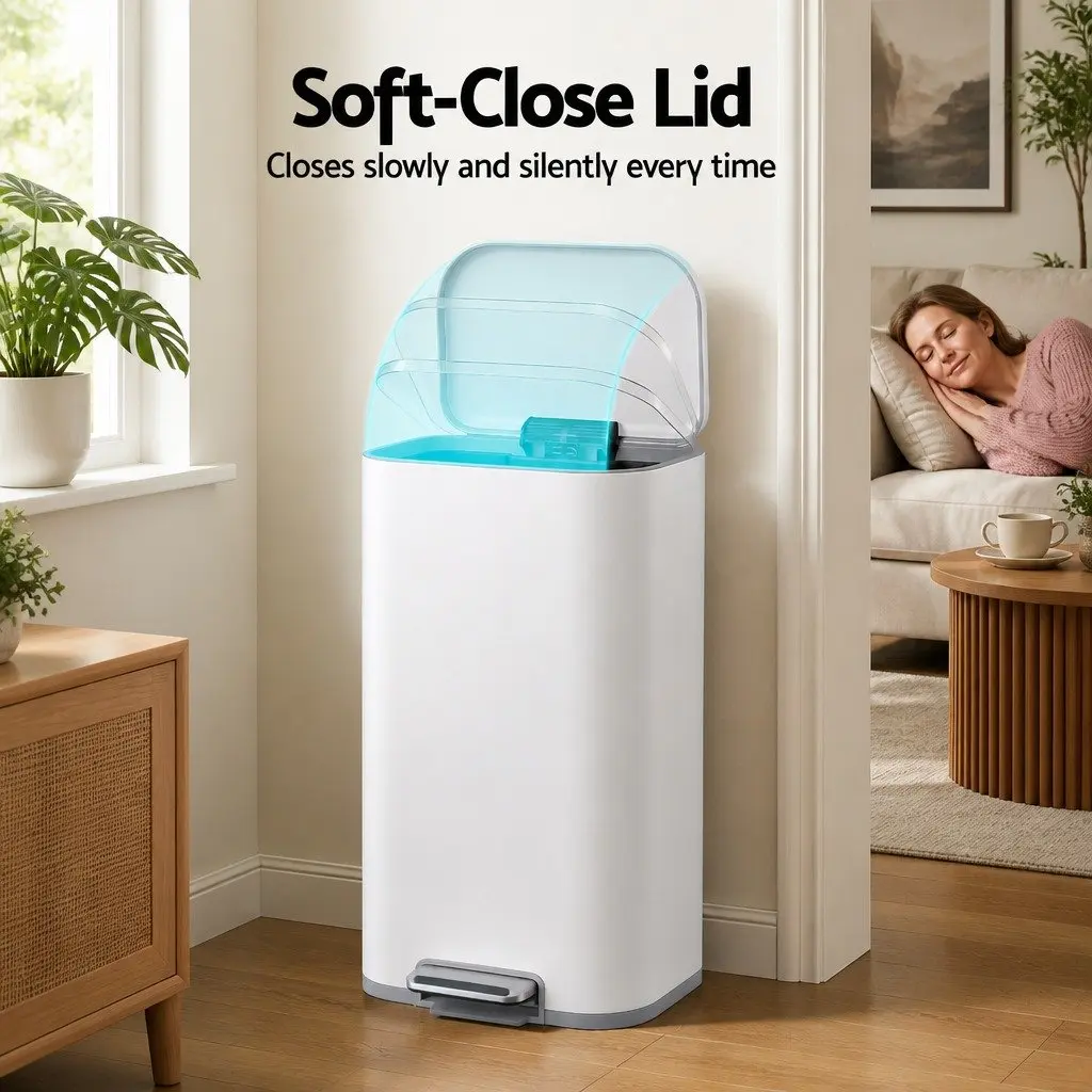 Pedal Bin 40L Kitchen Trash Can Soft Close Lid Rectangular White Steel