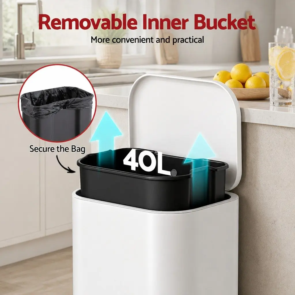 Pedal Bin 40L Kitchen Trash Can Soft Close Lid Rectangular White Steel