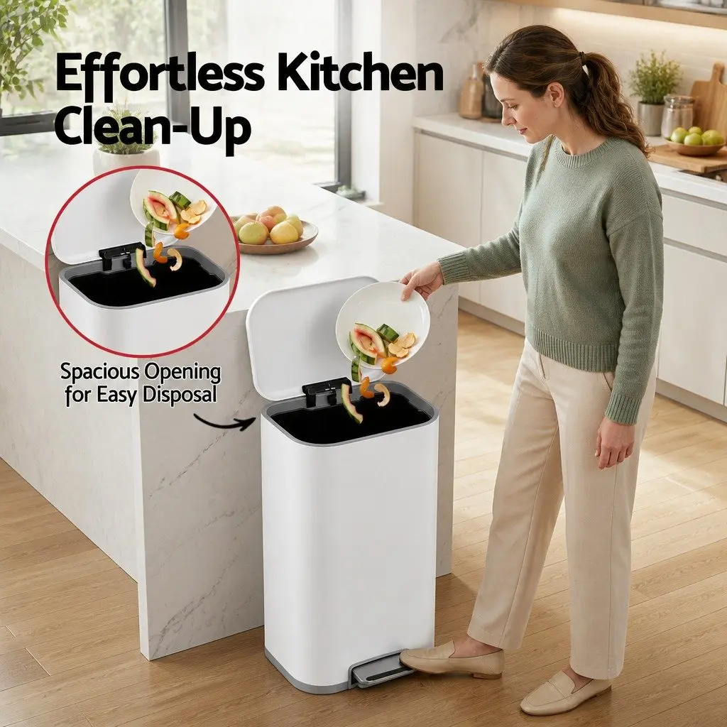 Pedal Bin 40L Kitchen Trash Can Soft Close Lid Rectangular White Steel