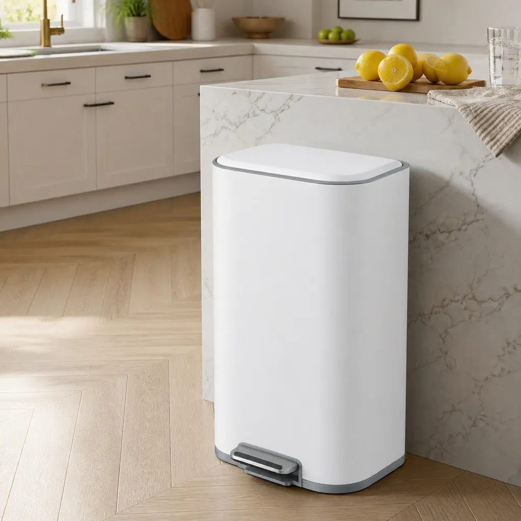 Pedal Bin 40L Kitchen Trash Can Soft Close Lid Rectangular White Steel