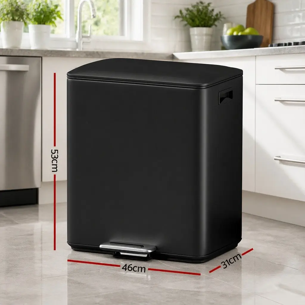 Pedal Bins Dual Compartment Waste Recycle Bin 40L Black Kitchen Dustbin