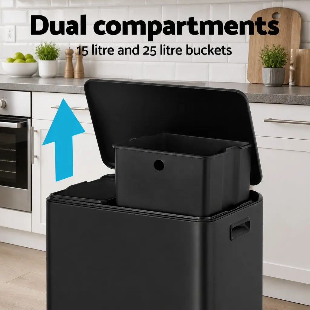 Pedal Bins Dual Compartment Waste Recycle Bin 40L Black Kitchen Dustbin