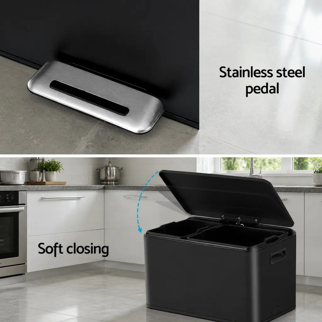 Pedal Bins Dual Compartment Waste Recycle Bin 40L Black Kitchen Dustbin