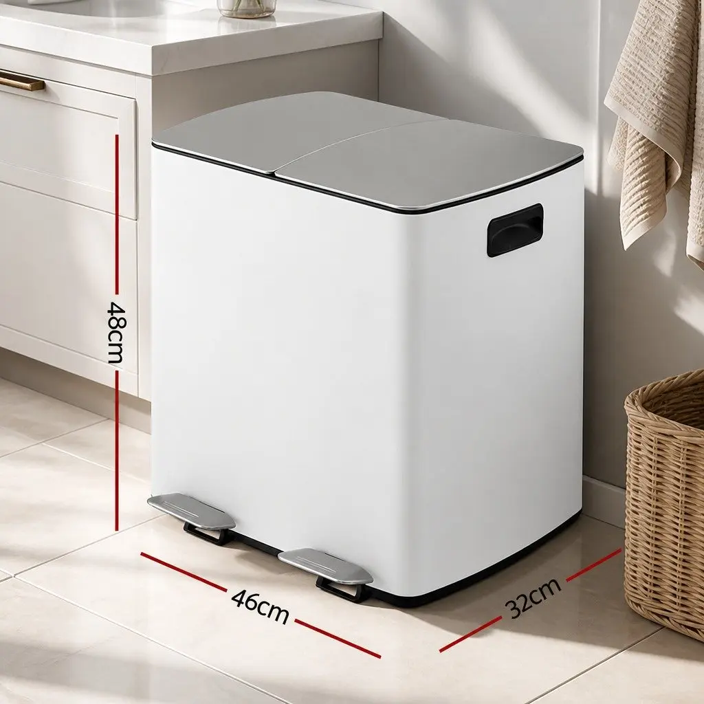 Pedal Bin Dual Compartment Waste Recycle Dustbin 40L White