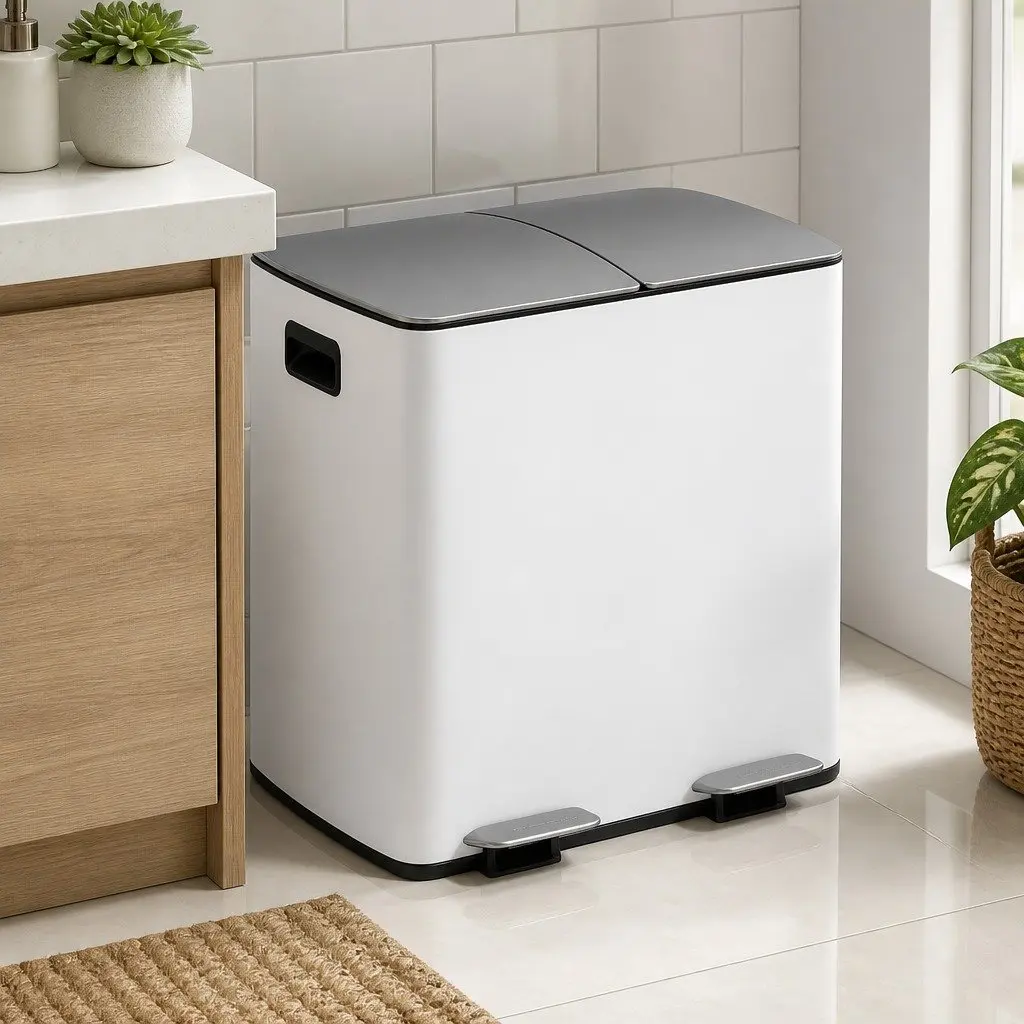Pedal Bin Dual Compartment Waste Recycle Dustbin 40L White
