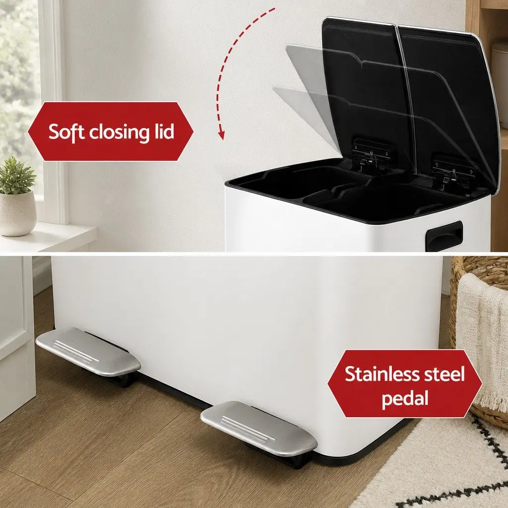 Pedal Bin Dual Compartment Waste Recycle Dustbin 40L White