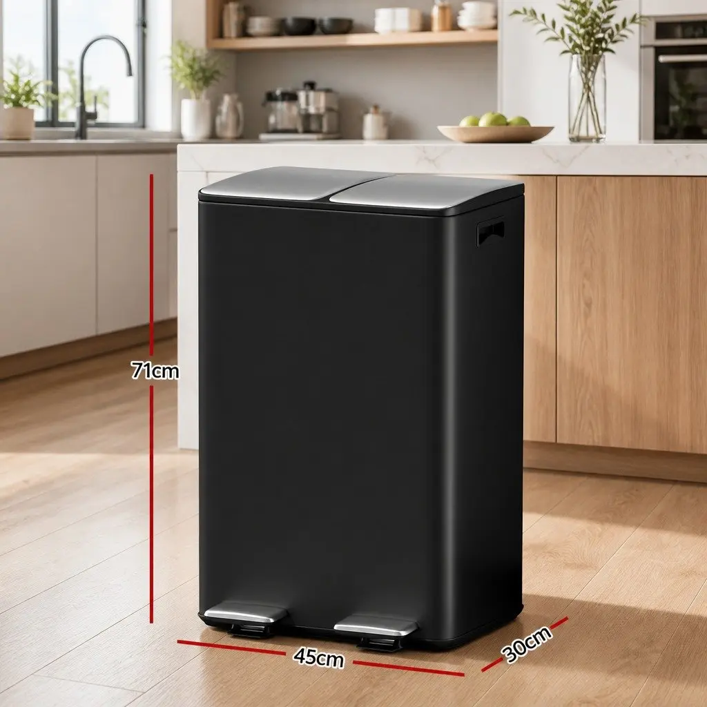 Pedal Bins Dual Compartment Waste Recycling 60L Black Kitchen