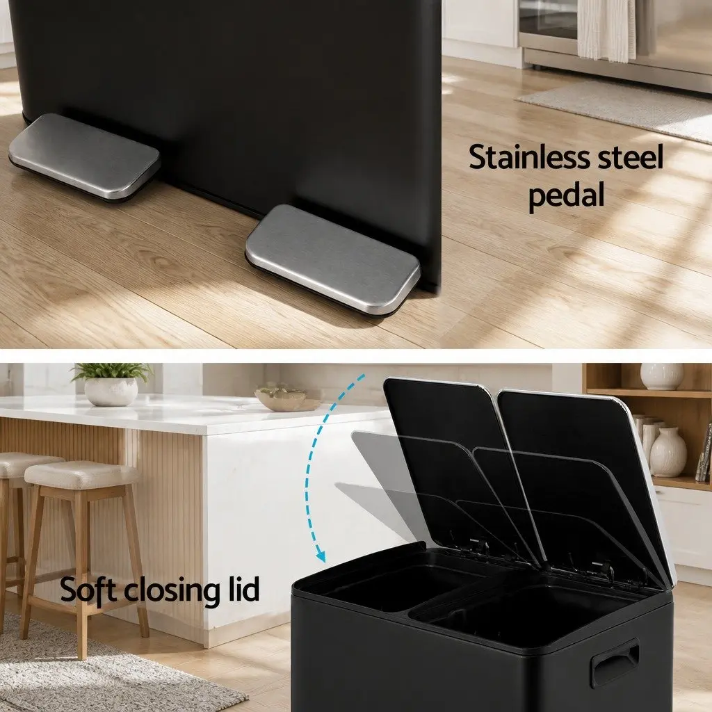 Pedal Bins Dual Compartment Waste Recycling 60L Black Kitchen