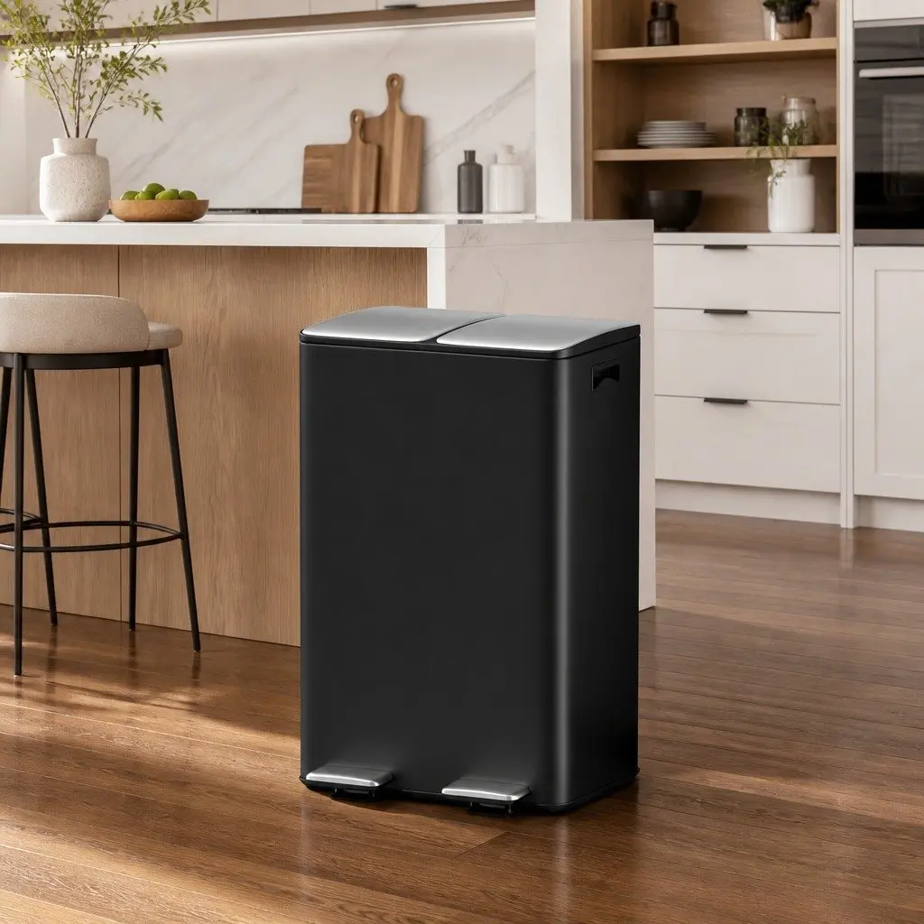 Pedal Bins Dual Compartment Waste Recycling 60L Black Kitchen