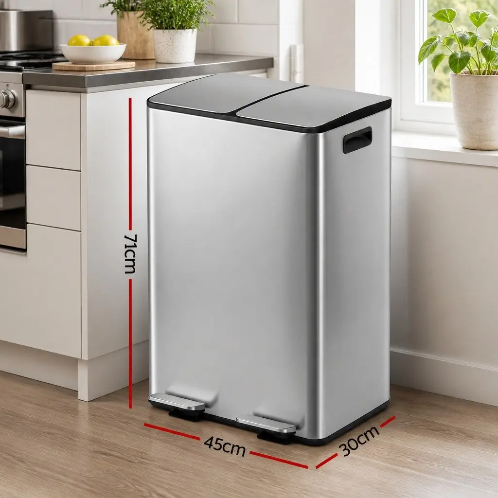 Pedal Bin Dual Compartment Waste Recycle Dustbin 60L Kitchen Home Silver
